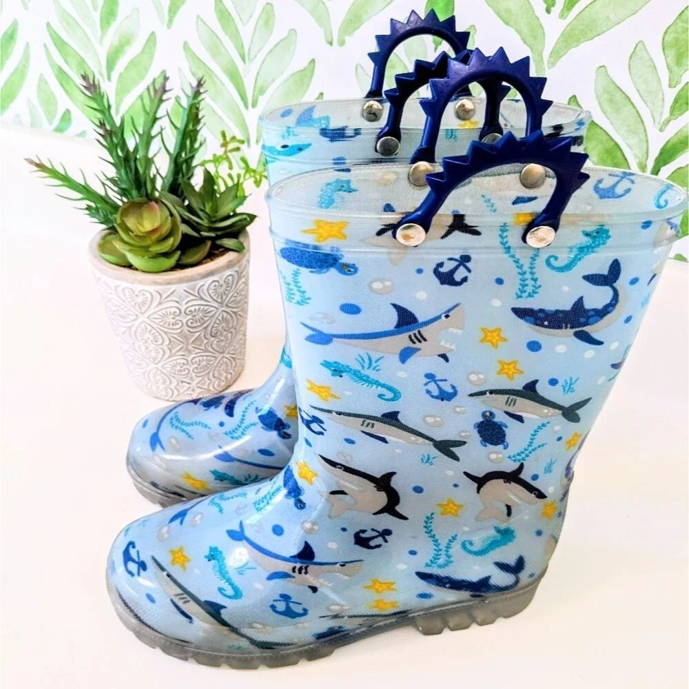 Boys Waterproof Rain Boots Shark Design Blue